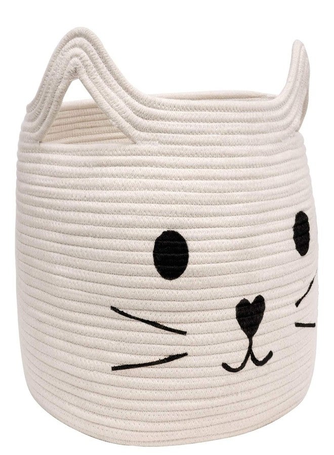 Gleckn Cotton Rope Basket with Handle, Cat Toys Storage Bin for Kids Pets, Cute Woven Containers Holder for Playing Room, Bed Room 15.7" L×13" H (White) - Image 1
